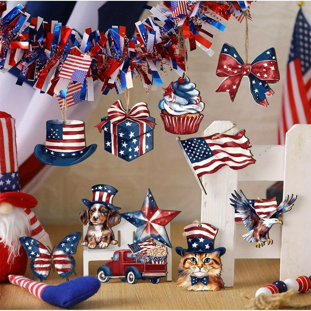Patriotic Wooden Hanging Ornaments - Red, White & Blue American Flag Decorations for 4th of July, Memorial Day, and Independence Day Celebrations Patriotic Wooden Hanging Ornaments - Red, White & Blue American Flag Decorations for 4th of July, Memorial Day, and Independence Day Celebrations